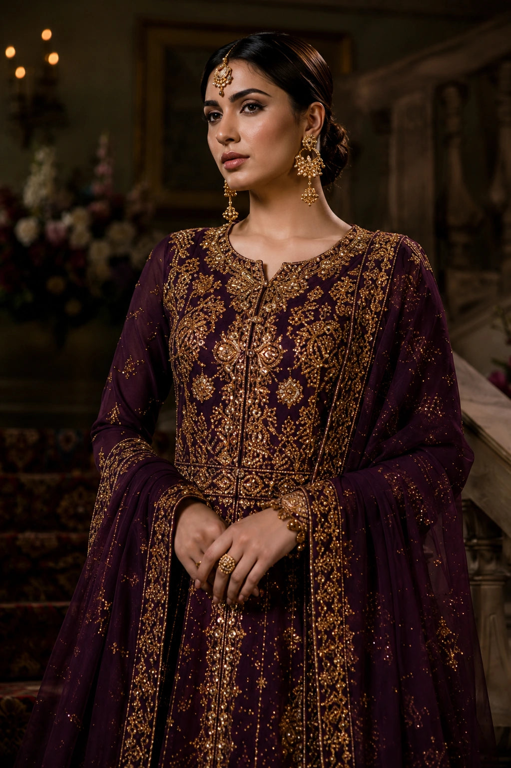 Model wearing a deep plum raw silk bridal couture gown with intricate antique gold embellishment and a heavily embroidered organza veil in a regal palace-inspired setting by Miraam.