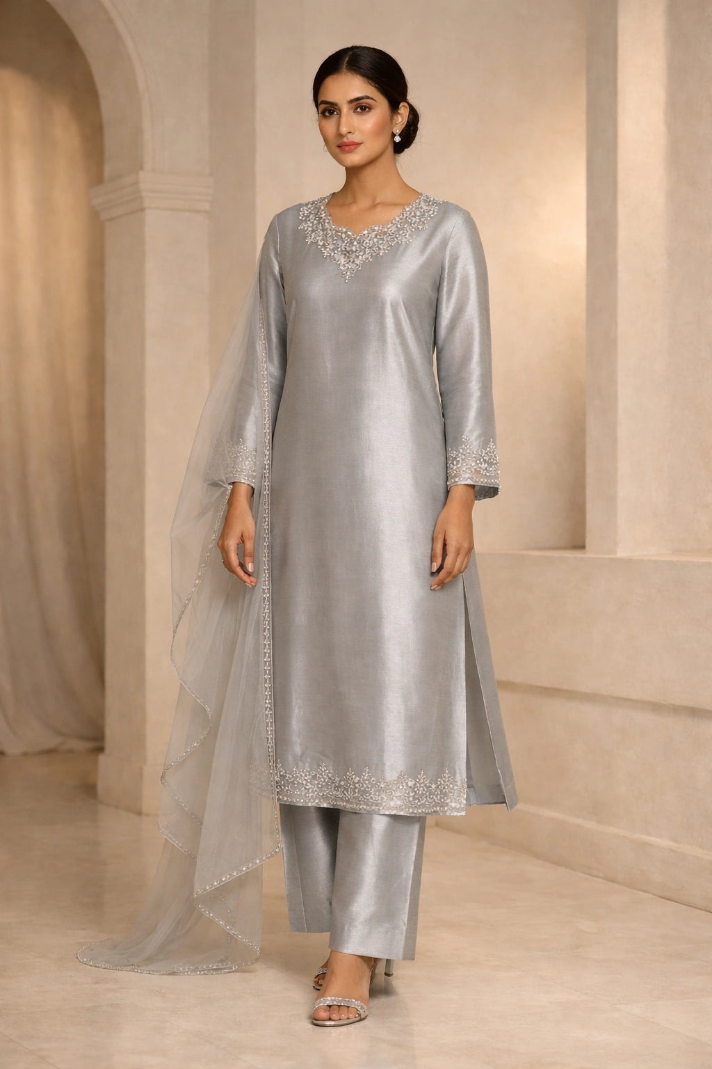 Luxury silver sheesha silk outfit with hand-embellished neckline and sheer dupatta from Miraam’s Noor-e-Sheesha Collection