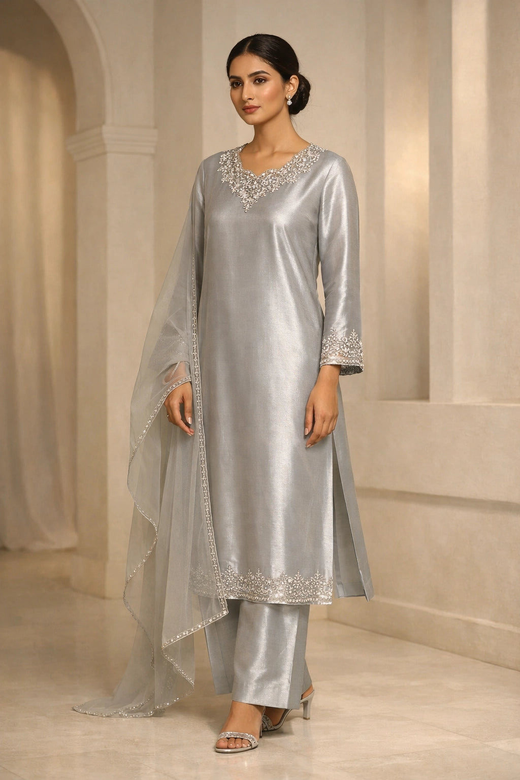 Luxury silver sheesha silk outfit with hand-embellished neckline and sheer dupatta from Miraam’s Noor-e-Sheesha Collection