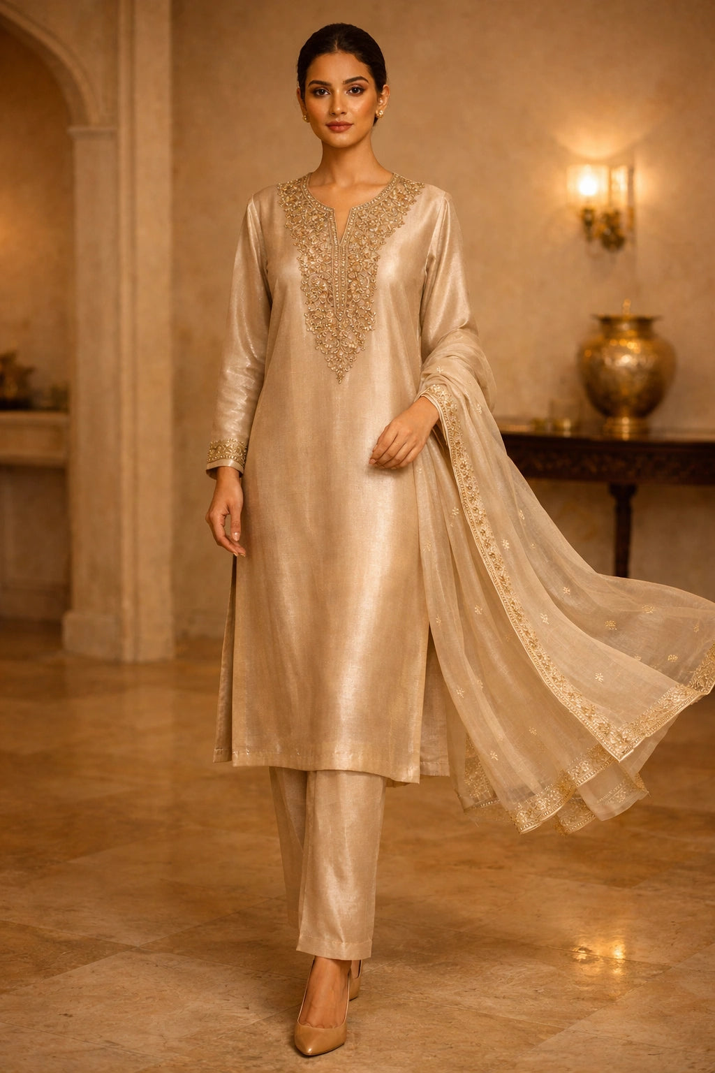 Champagne gold sheesha silk outfit with hand-embellished neckline and sheer embroidered dupatta from Miraam’s Noor-e-Sheesha Collection