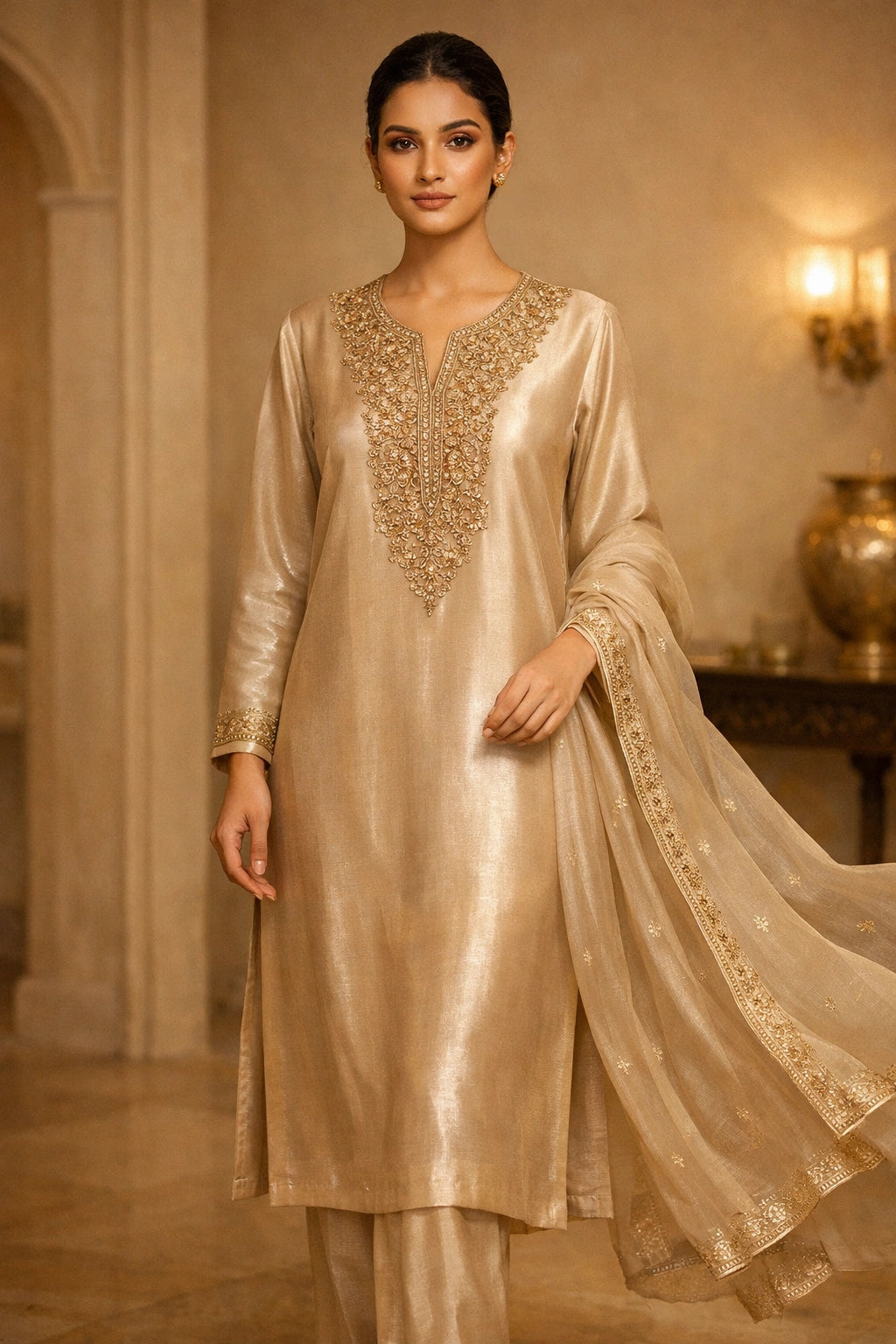 Champagne gold sheesha silk outfit with hand-embellished neckline and sheer embroidered dupatta from Miraam’s Noor-e-Sheesha Collection