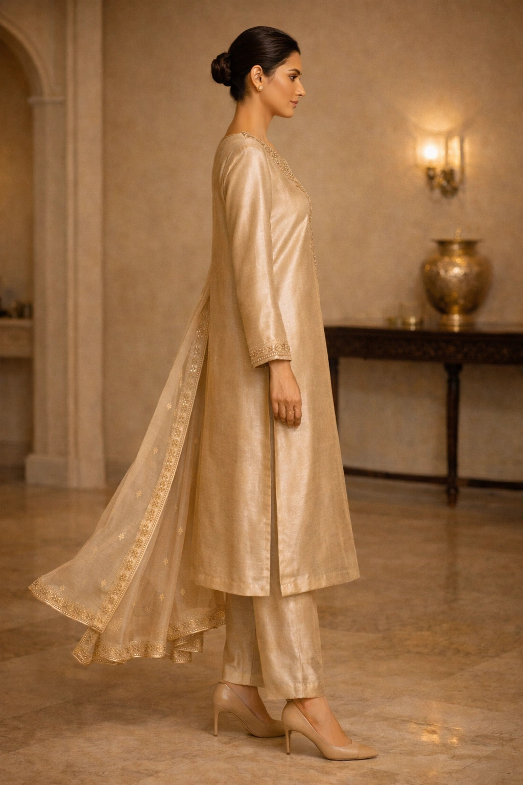 Champagne gold sheesha silk outfit with hand-embellished neckline and sheer embroidered dupatta from Miraam’s Noor-e-Sheesha Collection