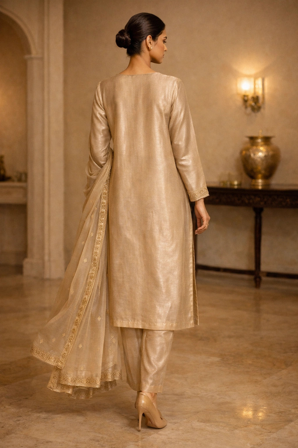 Champagne gold sheesha silk outfit with hand-embellished neckline and sheer embroidered dupatta from Miraam’s Noor-e-Sheesha Collection