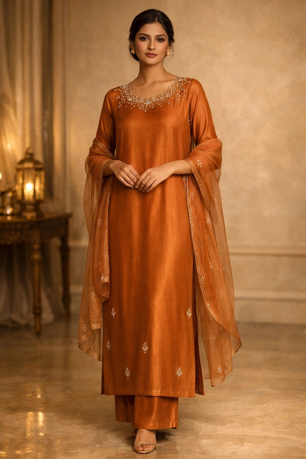 Amber sheesha silk outfit with hand-embellished neckline and sheer embellished dupatta from Miraam’s Noor-e-Sheesha Collection