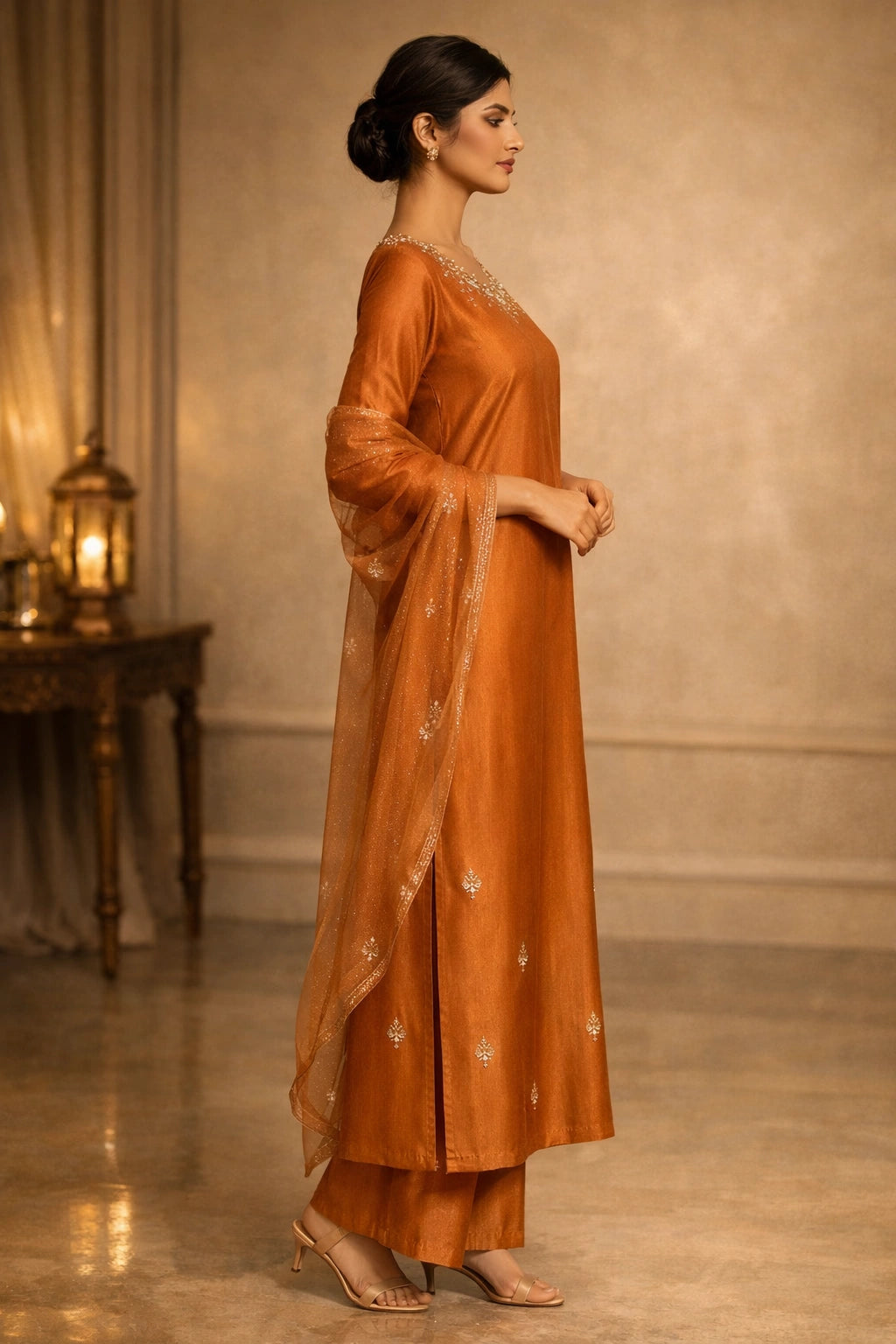 Amber sheesha silk outfit with hand-embellished neckline and sheer embellished dupatta from Miraam’s Noor-e-Sheesha Collection
