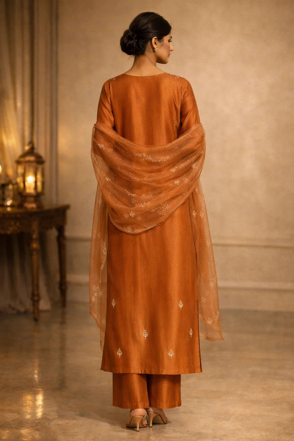 Amber sheesha silk outfit with hand-embellished neckline and sheer embellished dupatta from Miraam’s Noor-e-Sheesha Collection