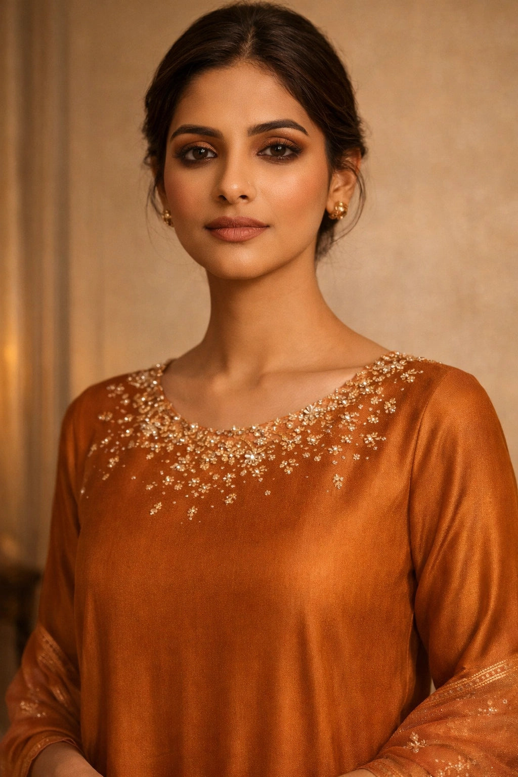 Amber sheesha silk outfit with hand-embellished neckline and sheer embellished dupatta from Miraam’s Noor-e-Sheesha Collection