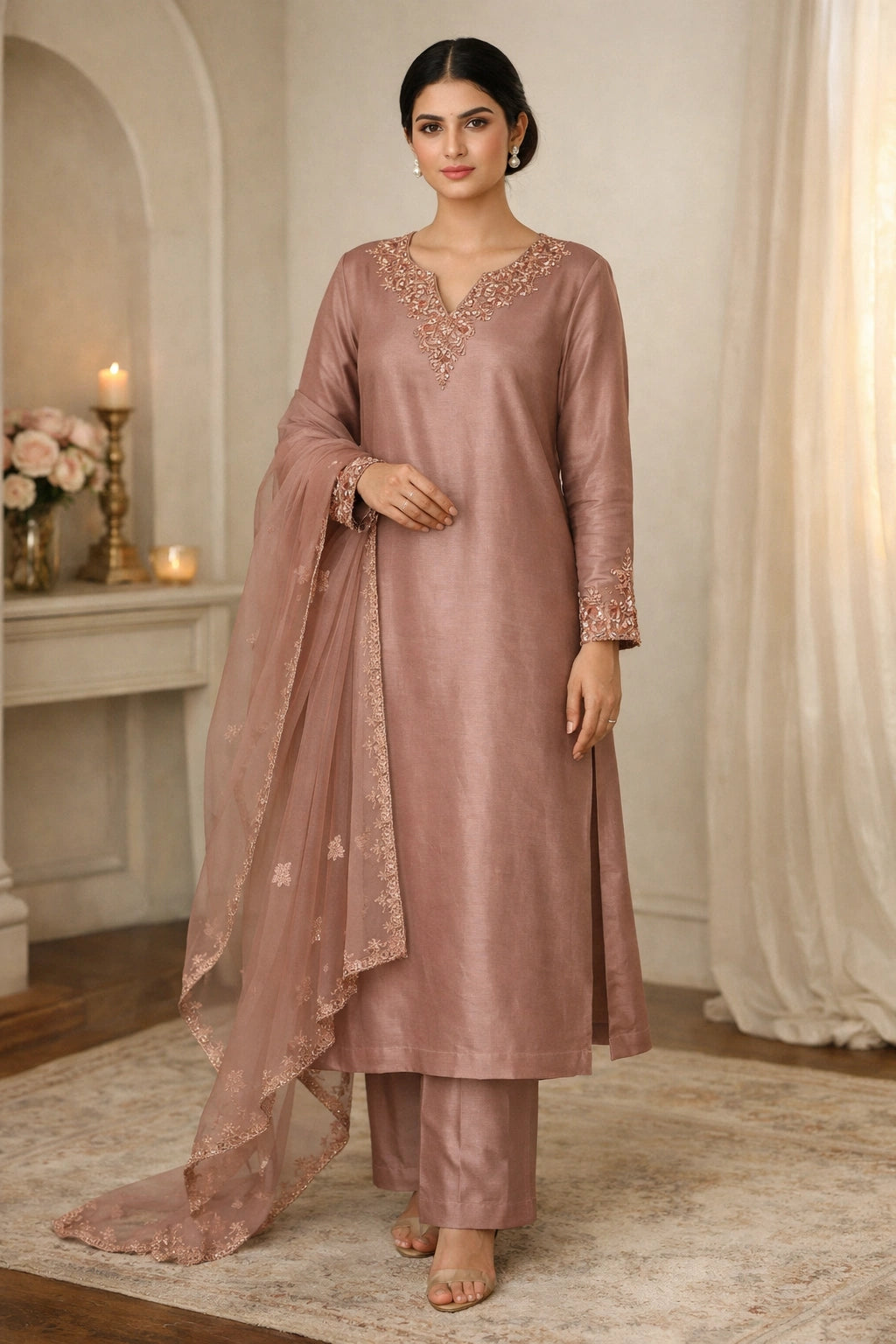 Rose sheesha silk outfit with hand-embellished neckline and sheer embroidered dupatta from Miraam’s Noor-e-Sheesha Collection