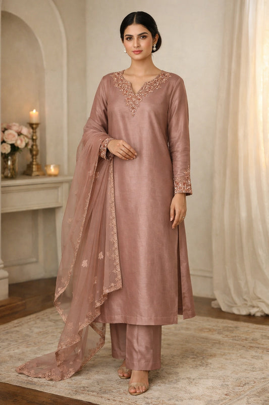 Rose sheesha silk outfit with hand-embellished neckline and sheer embroidered dupatta from Miraam’s Noor-e-Sheesha Collection