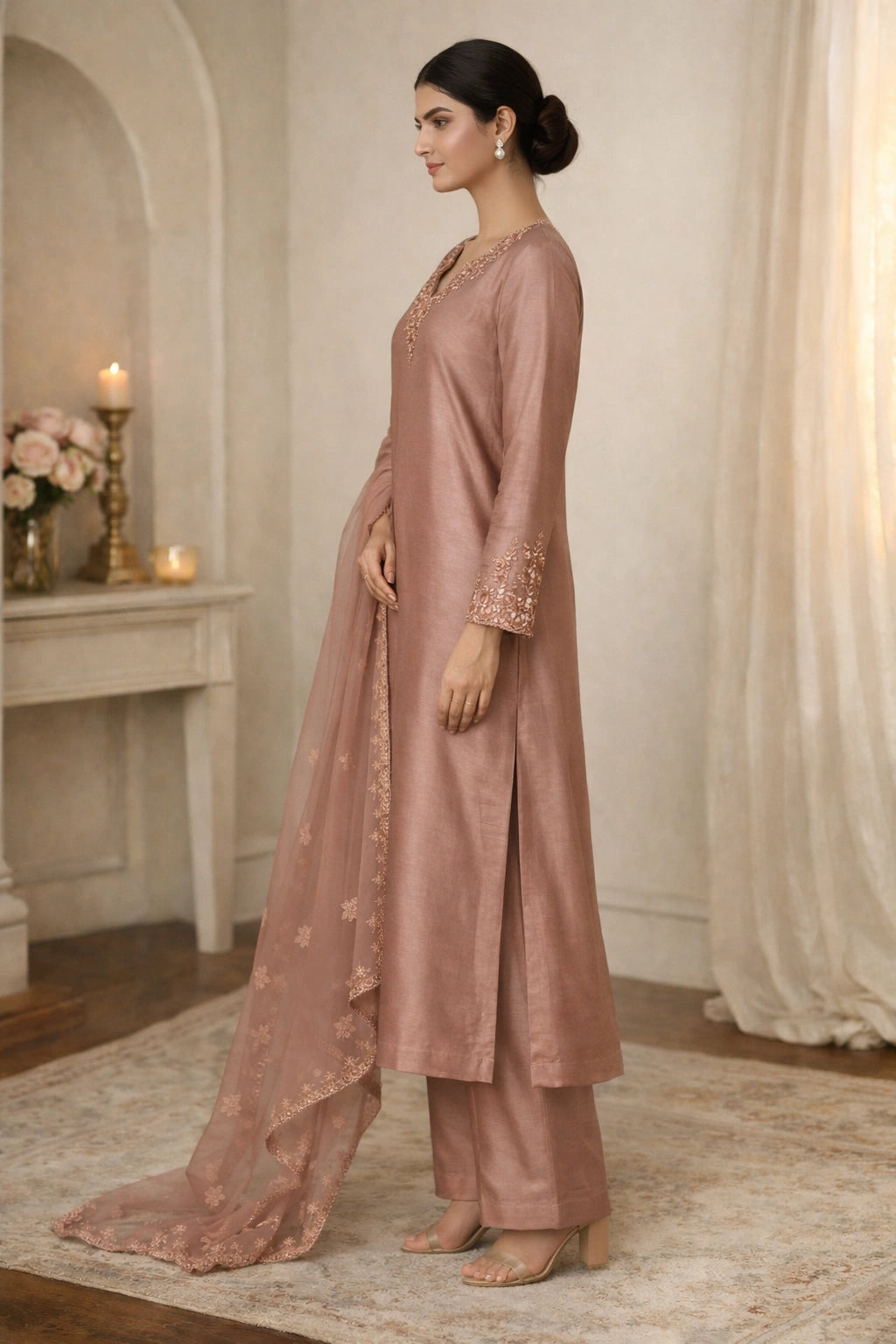 Rose sheesha silk outfit with hand-embellished neckline and sheer embroidered dupatta from Miraam’s Noor-e-Sheesha Collection