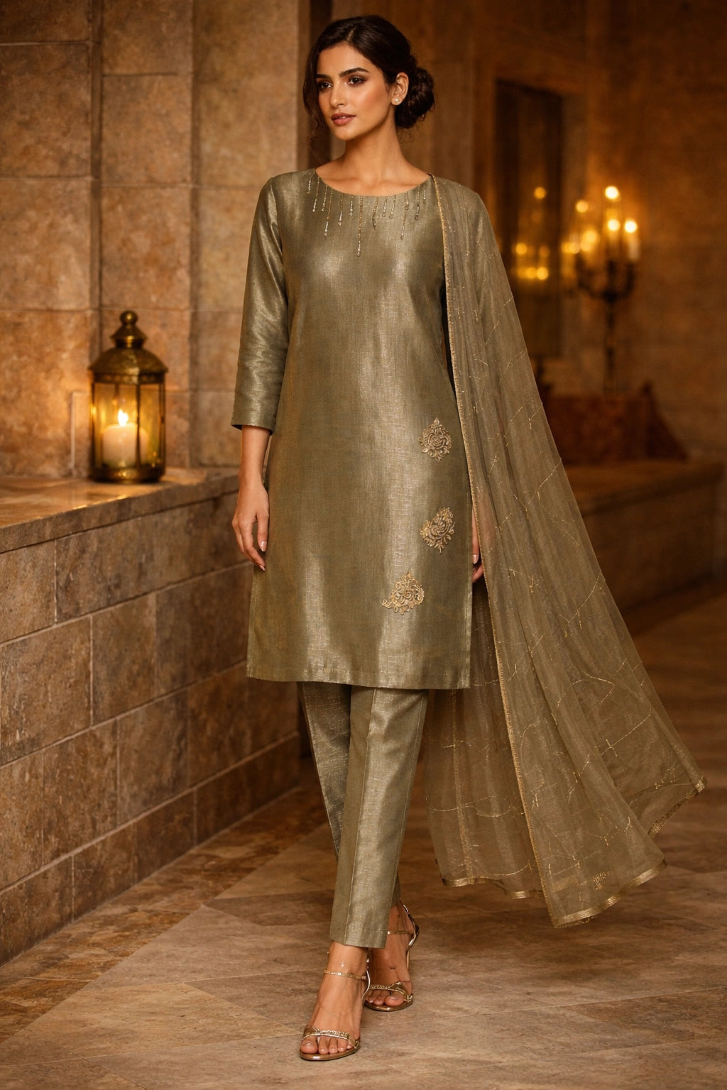 Olive sheesha silk outfit with vertical hand-embellished neckline and sheer dupatta from Miraam’s Noor-e-Sheesha Collection