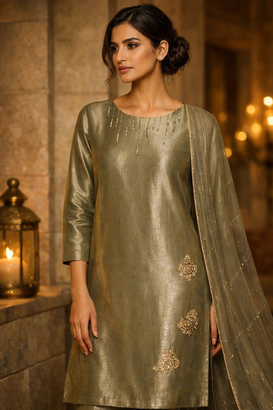 Olive sheesha silk outfit with vertical hand-embellished neckline and sheer dupatta from Miraam’s Noor-e-Sheesha Collection