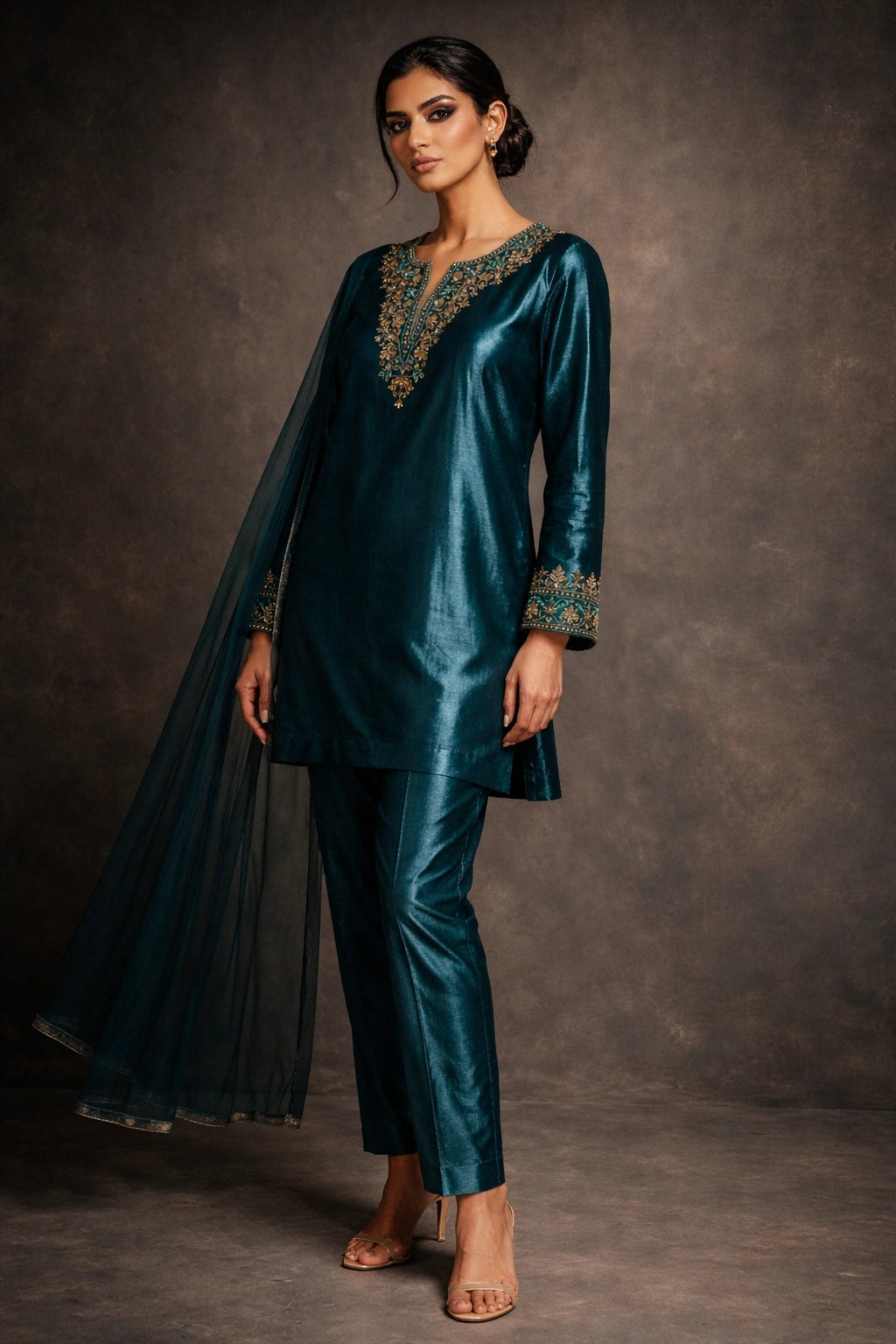 Deep teal sheesha silk outfit with hand-embellished neckline and sheer dupatta from Miraam’s Noor-e-Sheesha Collection