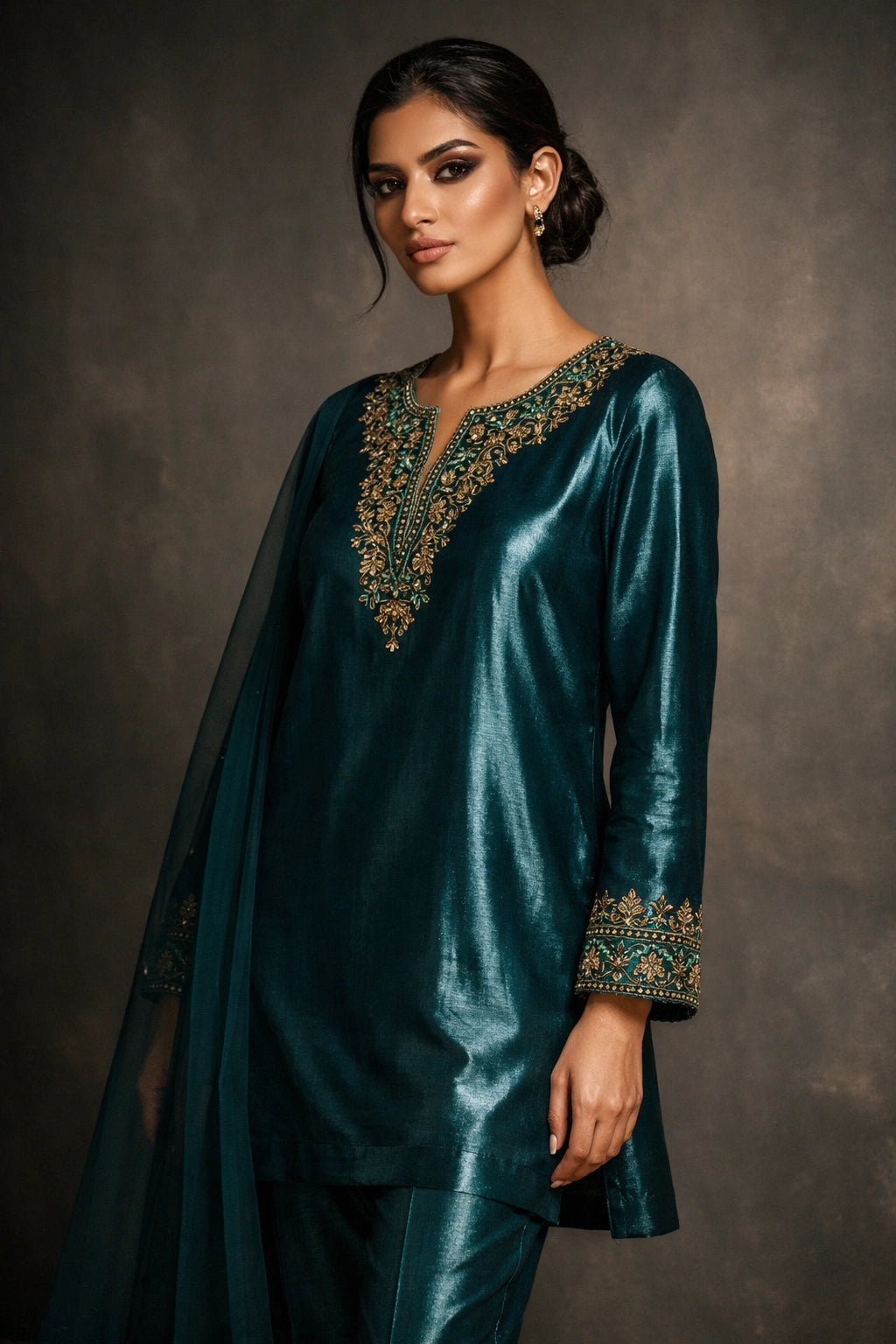 Deep teal sheesha silk outfit with hand-embellished neckline and sheer dupatta from Miraam’s Noor-e-Sheesha Collection
