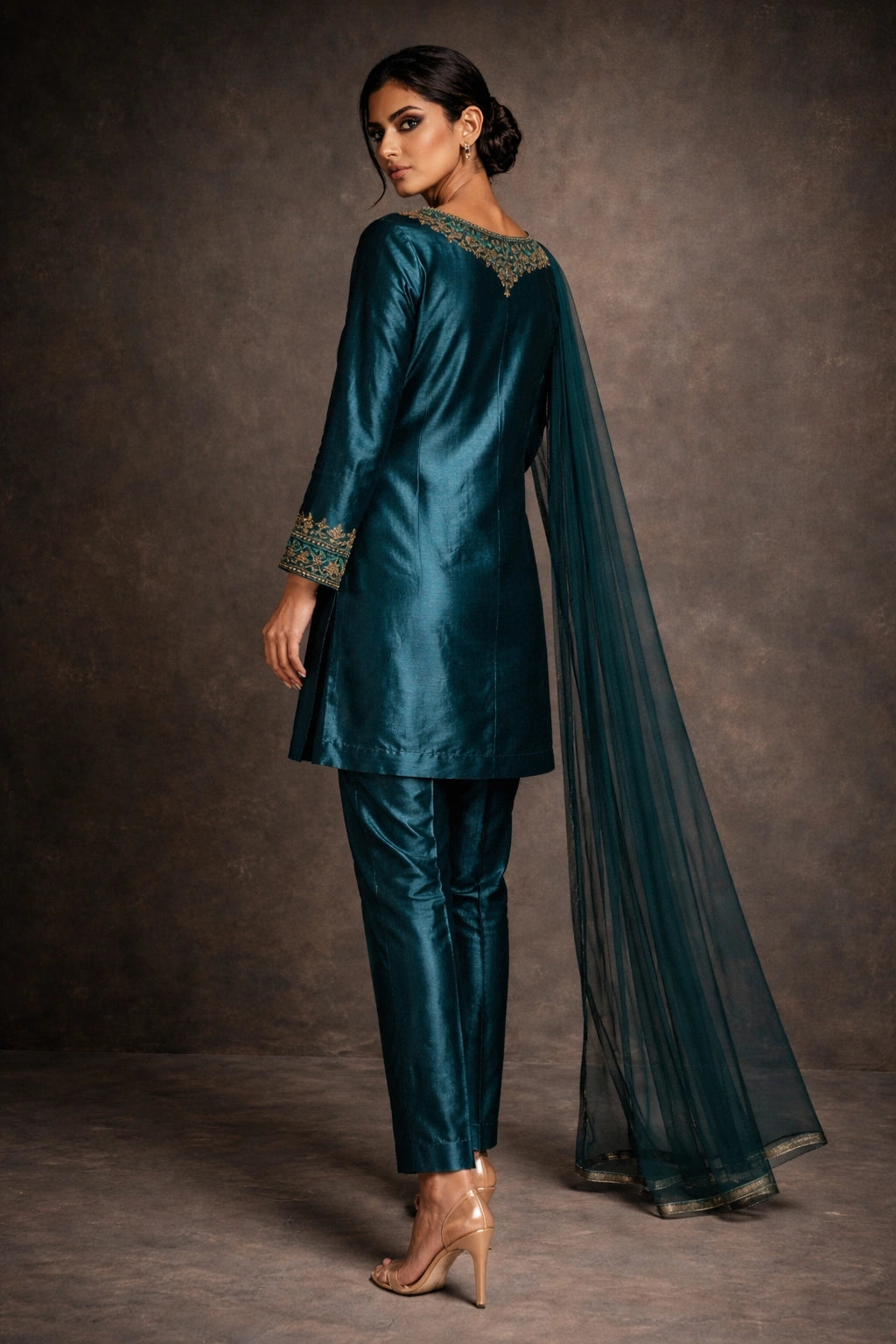 Deep teal sheesha silk outfit with hand-embellished neckline and sheer dupatta from Miraam’s Noor-e-Sheesha Collection