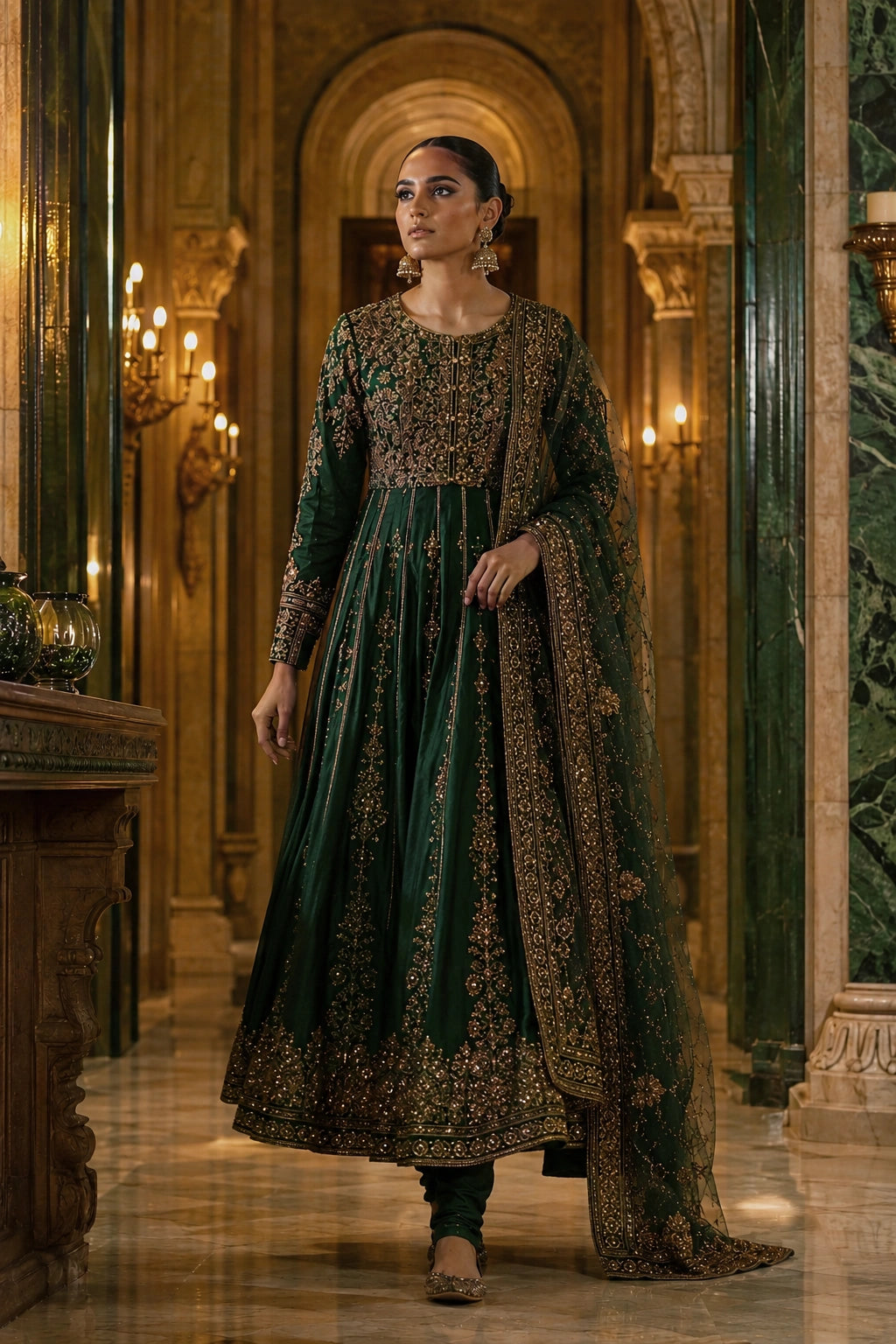 Miraam emerald green 16-panel silk kalidar with churidar and embellished net dupatta for luxury Pakistani wedding formal wear