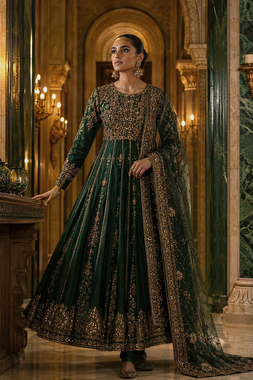Miraam emerald green 16-panel silk kalidar with churidar and embellished net dupatta for luxury Pakistani wedding formal wear