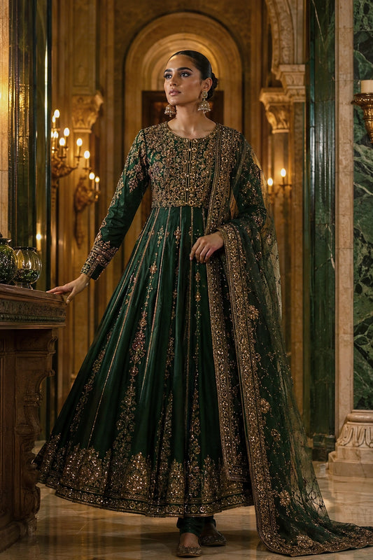 Miraam emerald green 16-panel silk kalidar with churidar and embellished net dupatta for luxury Pakistani wedding formal wear