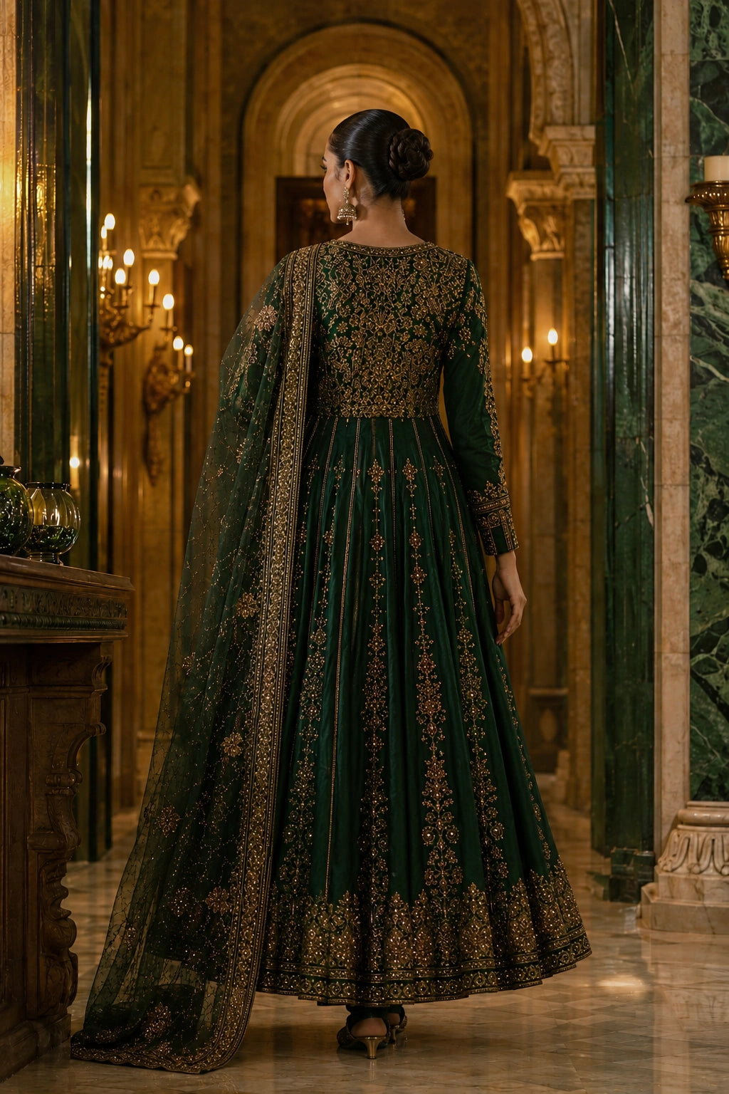 Miraam emerald green 16-panel silk kalidar with churidar and embellished net dupatta for luxury Pakistani wedding formal wear