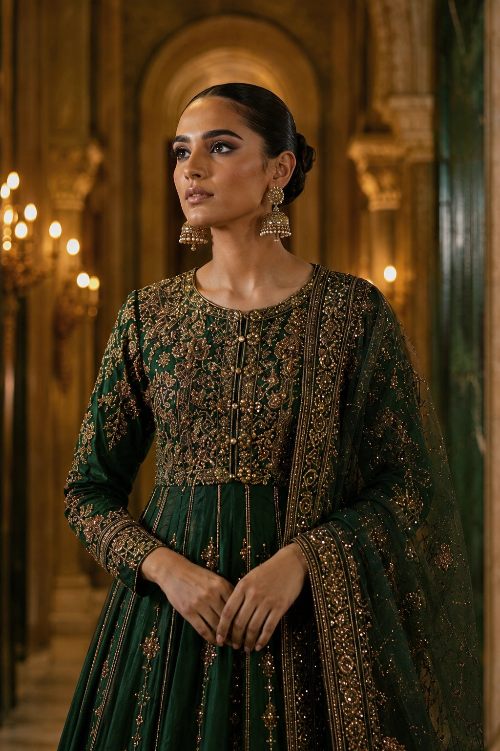 Miraam emerald green 16-panel silk kalidar with churidar and embellished net dupatta for luxury Pakistani wedding formal wear