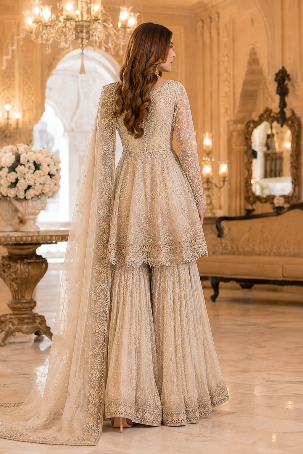 Miraam Ivory Gold luxury sheesha silk peplum with embellished organza sharara and embroidered dupatta for Pakistani wedding formal wear