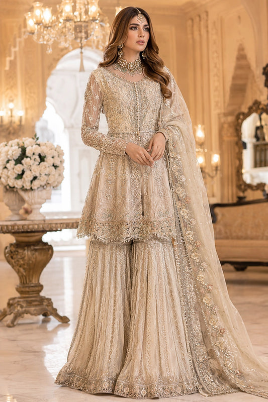 Miraam Ivory Gold luxury sheesha silk peplum with embellished organza sharara and embroidered dupatta for Pakistani wedding formal wear