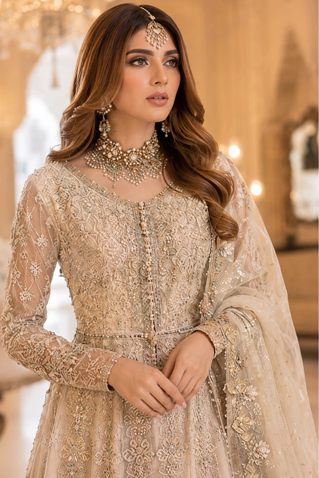Miraam Ivory Gold luxury sheesha silk peplum with embellished organza sharara and embroidered dupatta for Pakistani wedding formal wear