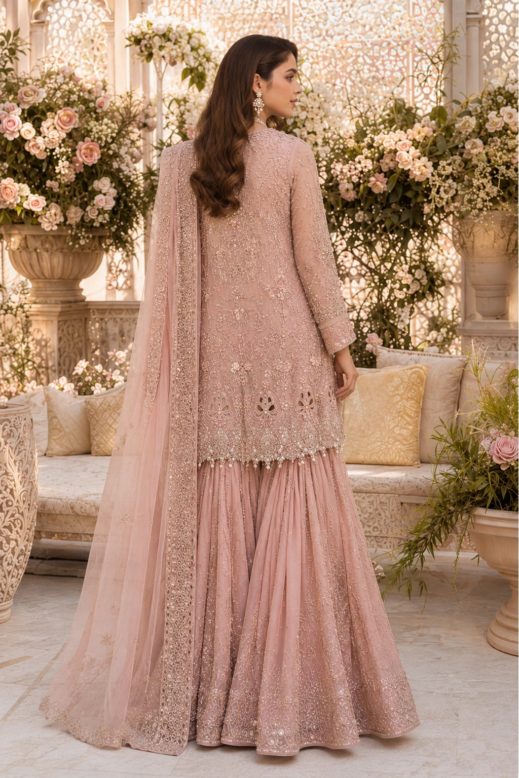 Miraam Nooré Gulrukh blush pink silk peplum with farshi sharara and embellished organza dupatta for luxury Pakistani wedding formal wear