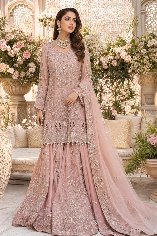 Miraam Nooré Gulrukh blush pink silk peplum with farshi sharara and embellished organza dupatta for luxury Pakistani wedding formal wear