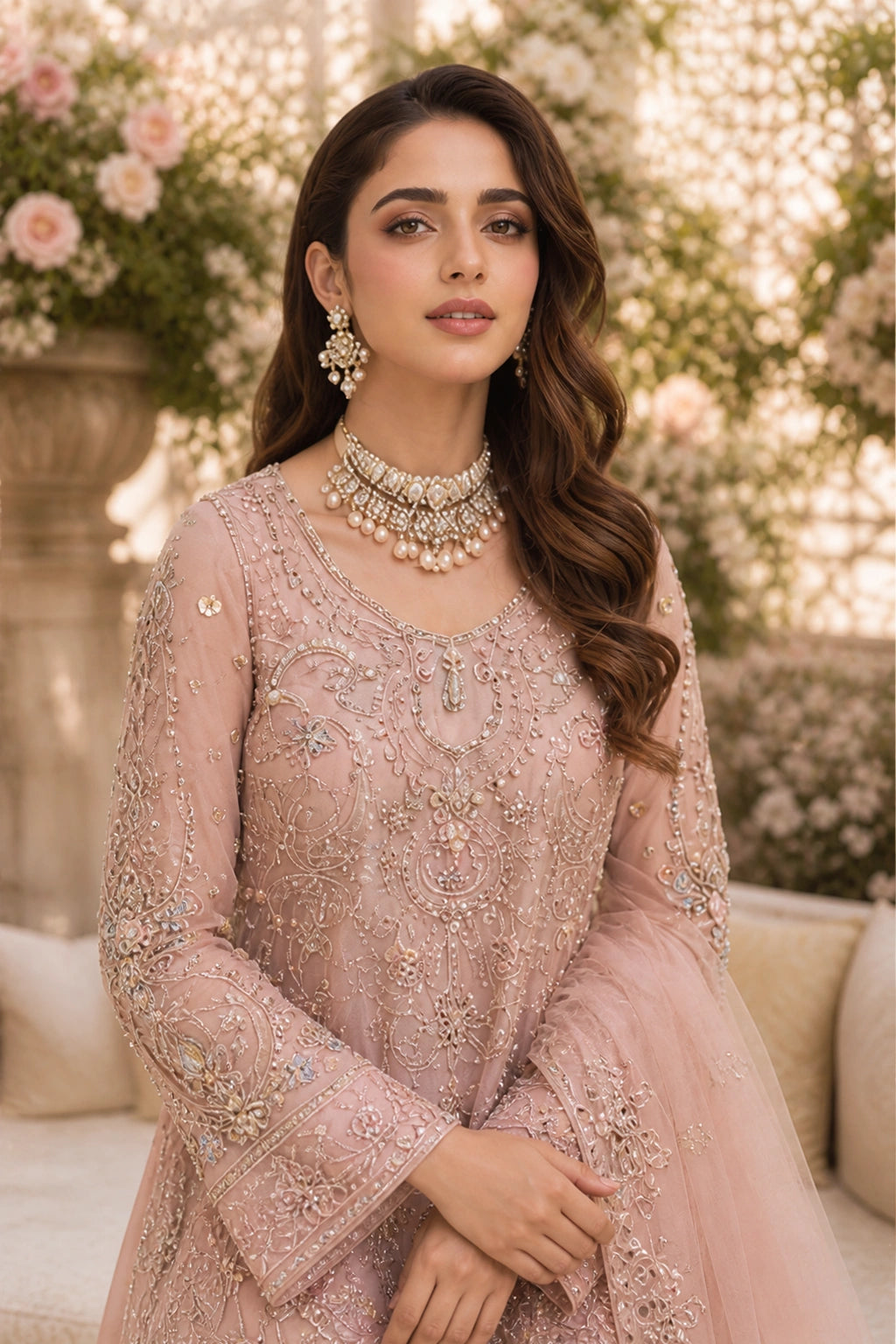 Miraam Nooré Gulrukh blush pink silk peplum with farshi sharara and embellished organza dupatta for luxury Pakistani wedding formal wear
