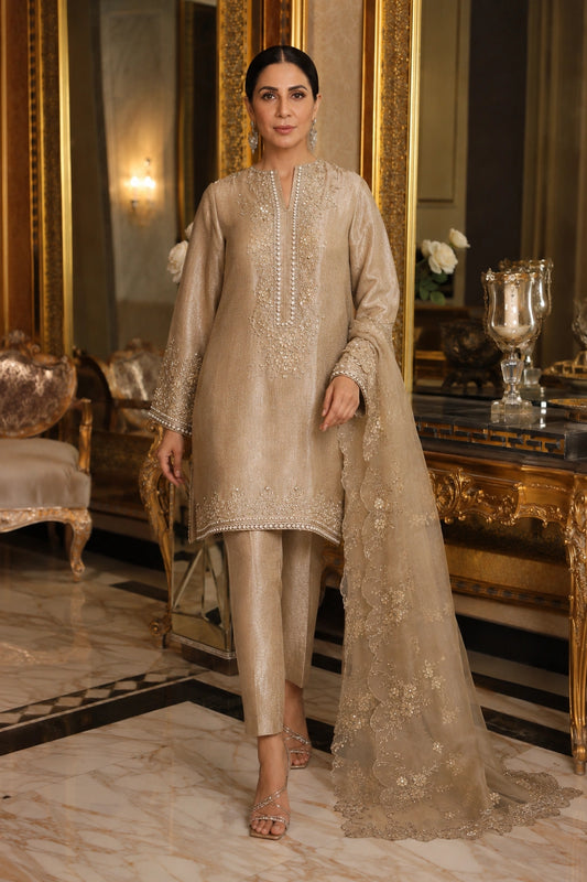 Miraam Nooré Meher champagne tissue silk shirt and pants with embellished organza dupatta for luxury Pakistani formal wear
