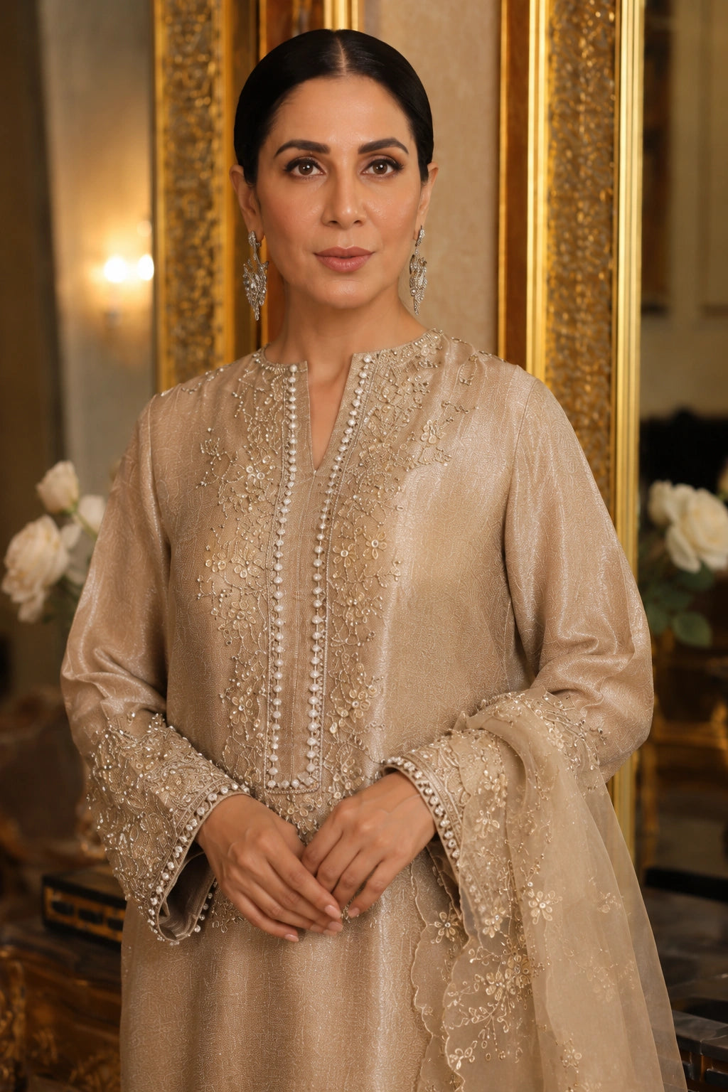 Miraam Nooré Meher champagne tissue silk shirt and pants with embellished organza dupatta for luxury Pakistani formal wear
