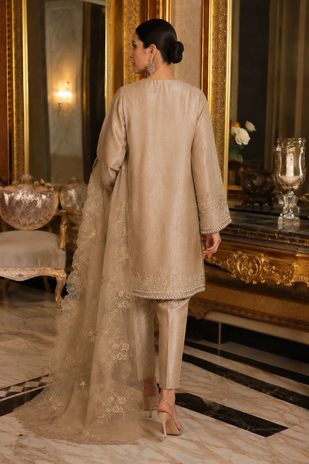 Miraam Nooré Meher champagne tissue silk shirt and pants with embellished organza dupatta for luxury Pakistani formal wear