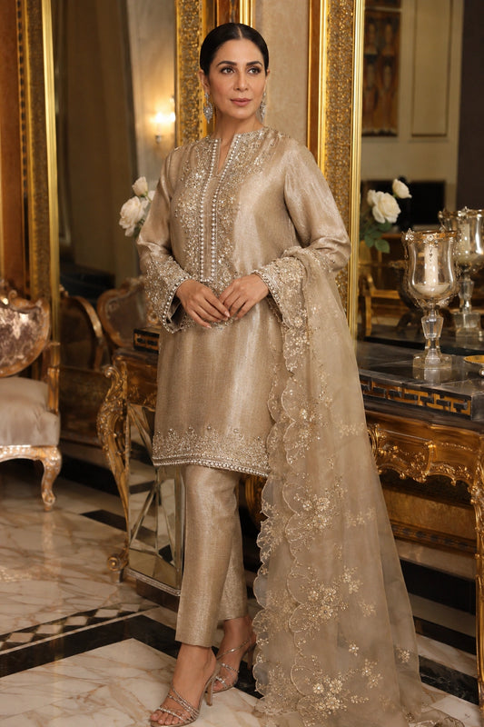 Miraam Nooré Meher champagne tissue silk shirt and pants with embellished organza dupatta for luxury Pakistani formal wear