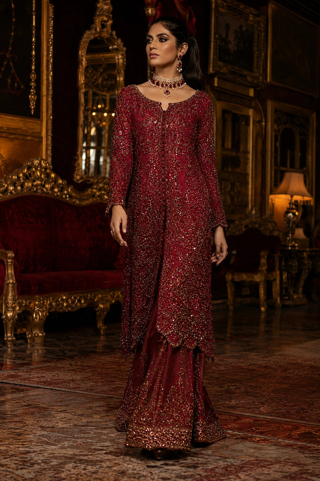 Miraam Nooré Rubab crimson silk embellished shirt with flared pants for luxury Pakistani wedding formal wear