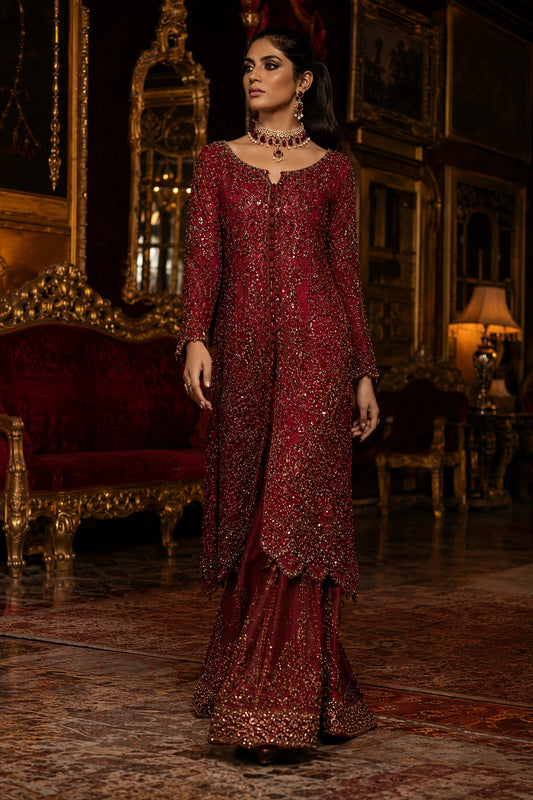 Miraam Nooré Rubab crimson silk embellished shirt with flared pants for luxury Pakistani wedding formal wear