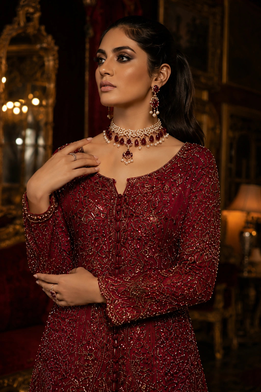 Miraam Nooré Rubab crimson silk embellished shirt with flared pants for luxury Pakistani wedding formal wear