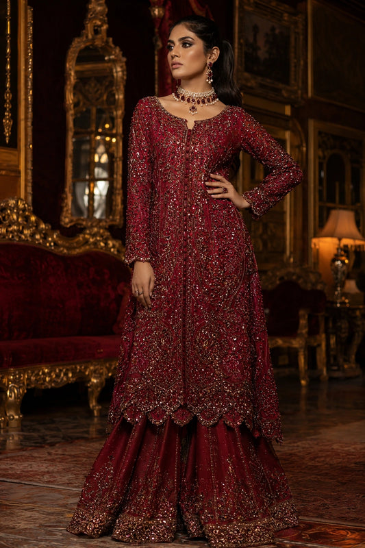 Miraam Nooré Rubab crimson silk embellished shirt with flared pants for luxury Pakistani wedding formal wear