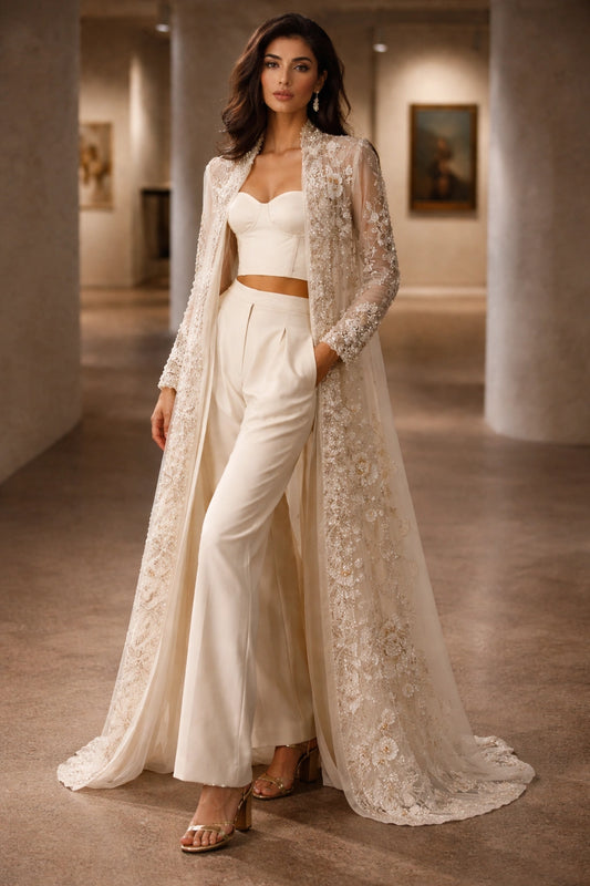 Aylin Ivory Miraam embroidered organza jacket with silk bustier and tailored trousers luxury Pakistani couture formal wear