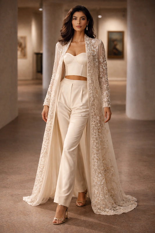 Aylin Ivory Miraam embroidered organza jacket with silk bustier and tailored trousers luxury Pakistani couture formal wear