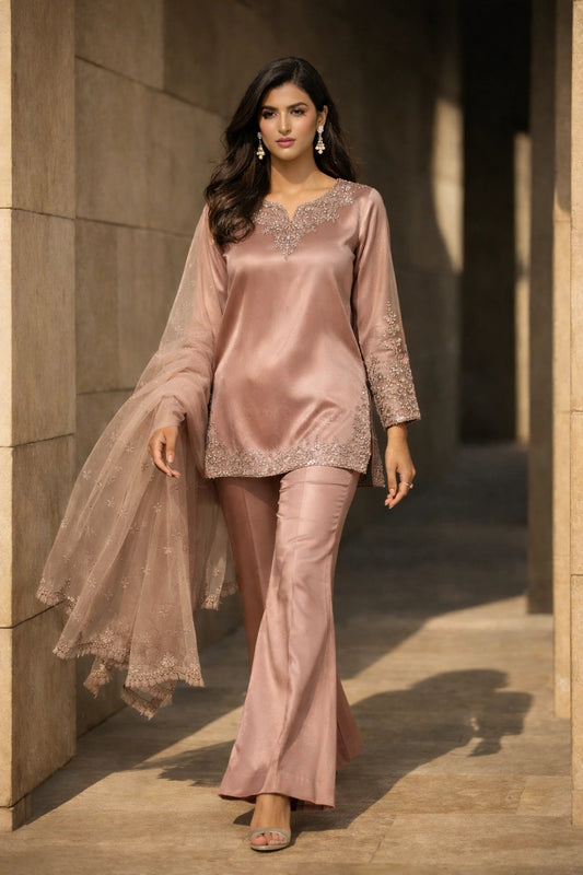 Elara Blush Rose Miraam Korean silk embroidered formal suit with organza dupatta luxury Pakistani festive wear