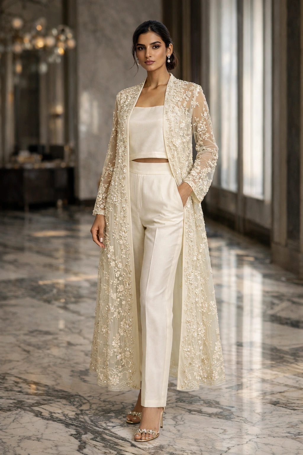 Liyana Pearl Ivory Miraam embroidered organza jacket with silk bustier and tailored trousers luxury Pakistani formal couture wear