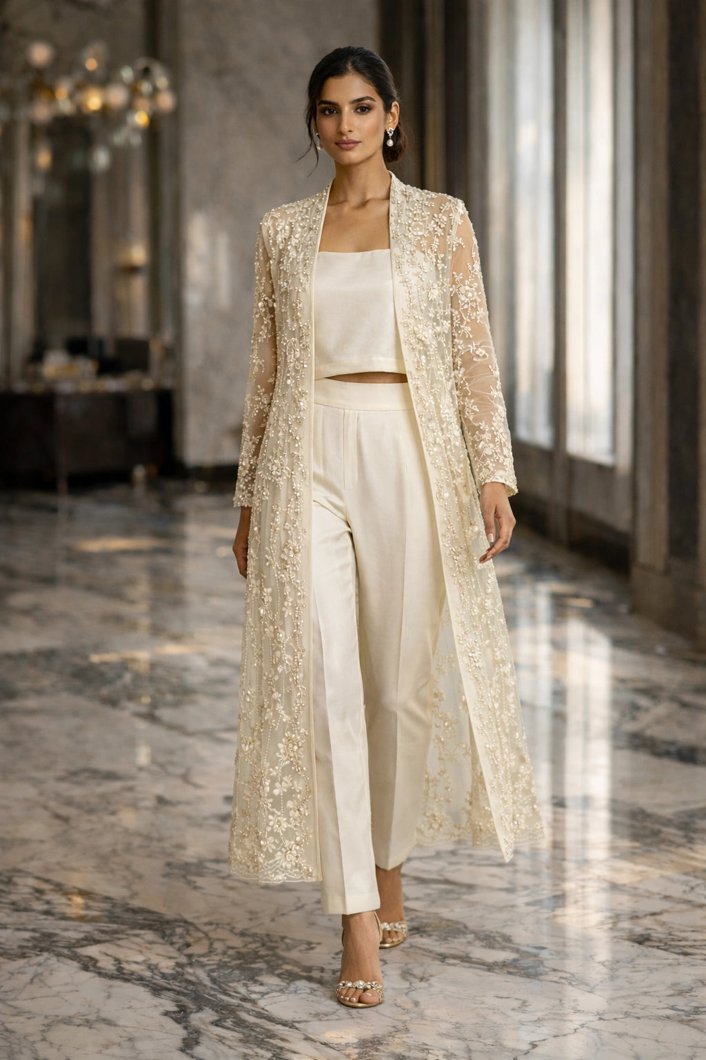 Liyana Pearl Ivory Miraam embroidered organza jacket with silk bustier and tailored trousers luxury Pakistani formal couture wear