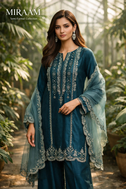 Mehrin Emerald Teal Miraam pure raw silk embroidered formal suit with organza dupatta luxury Pakistani festive wear