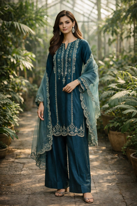 Mehrin Emerald Teal Miraam pure raw silk embroidered formal suit with organza dupatta luxury Pakistani festive wear