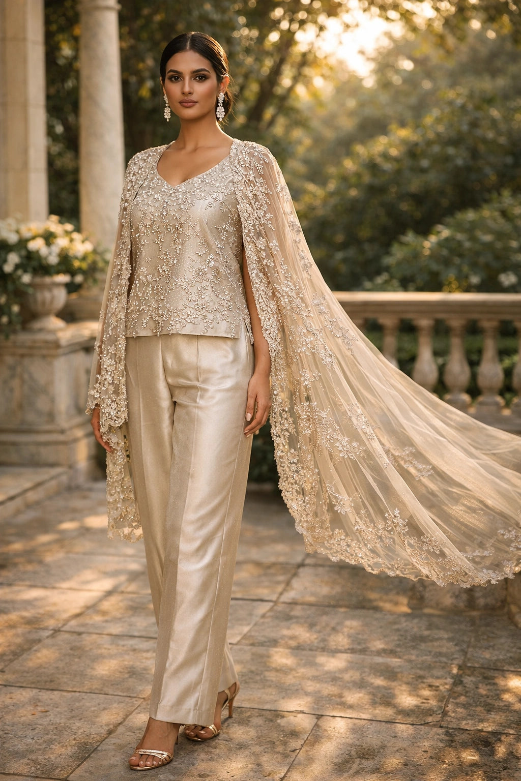 Sahar Champagne Miraam embroidered organza cape with sheesha silk inner and trousers luxury Pakistani formal couture wear