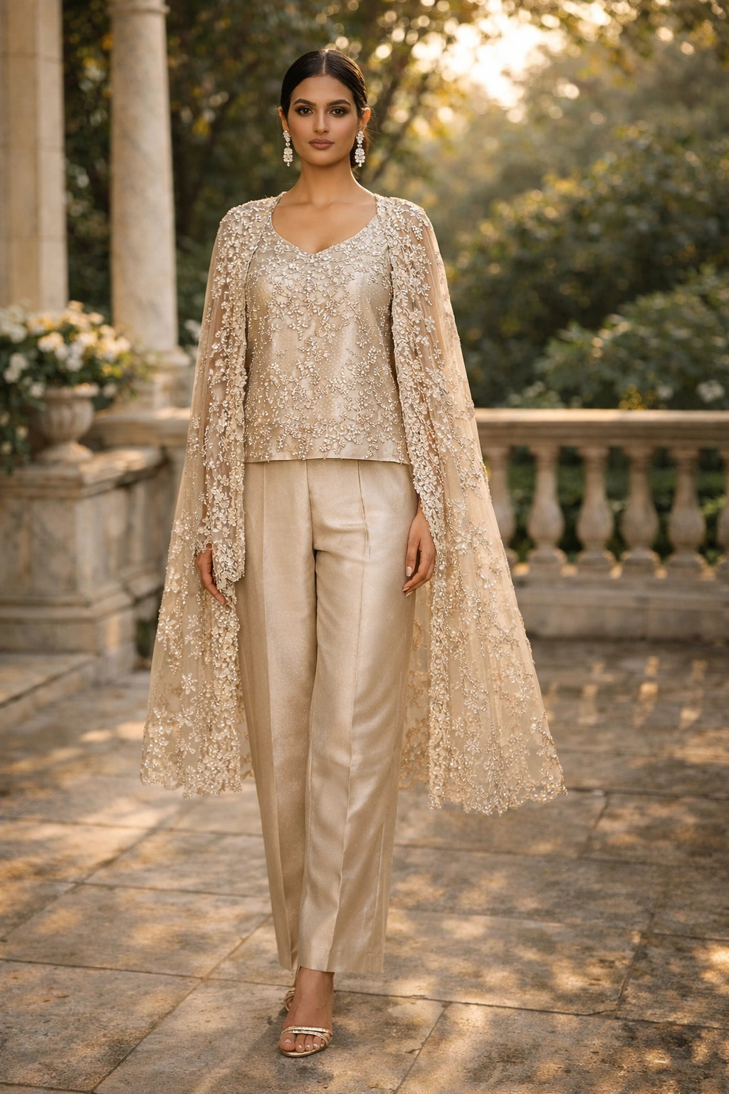 Sahar Champagne Miraam embroidered organza cape with sheesha silk inner and trousers luxury Pakistani formal couture wear