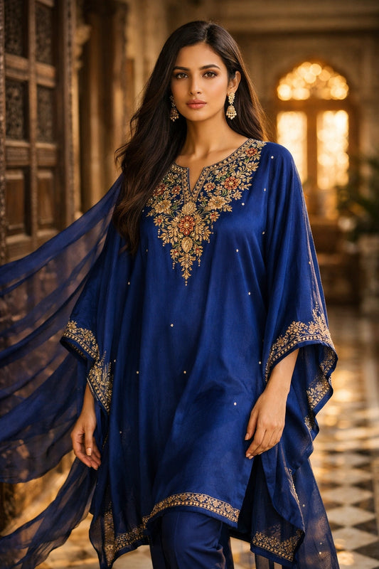 Zarya Midnight Blue Miraam pure raw silk embroidered kaftan with organza dupatta luxury Pakistani formal wear