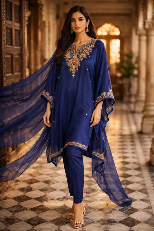 Zarya Midnight Blue Miraam pure raw silk embroidered kaftan with organza dupatta luxury Pakistani formal wear