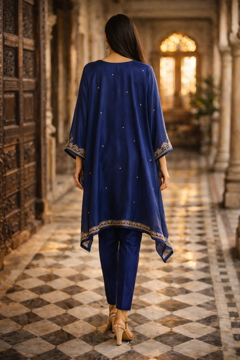 Zarya Midnight Blue Miraam pure raw silk embroidered kaftan with organza dupatta luxury Pakistani formal wear